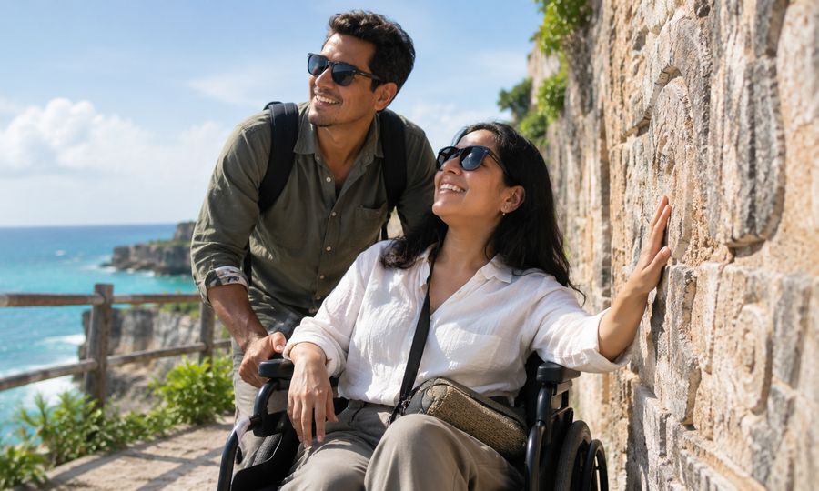 Una mujer con lentes oscuros, en silla de ruedas, sonríe y apoya la mano en un muro de piedra tallada, junto a un sendero con barandal frente a un acantilado y el mar. A su lado, un hombre con lentes oscuros y mochila se inclina sonriendo.