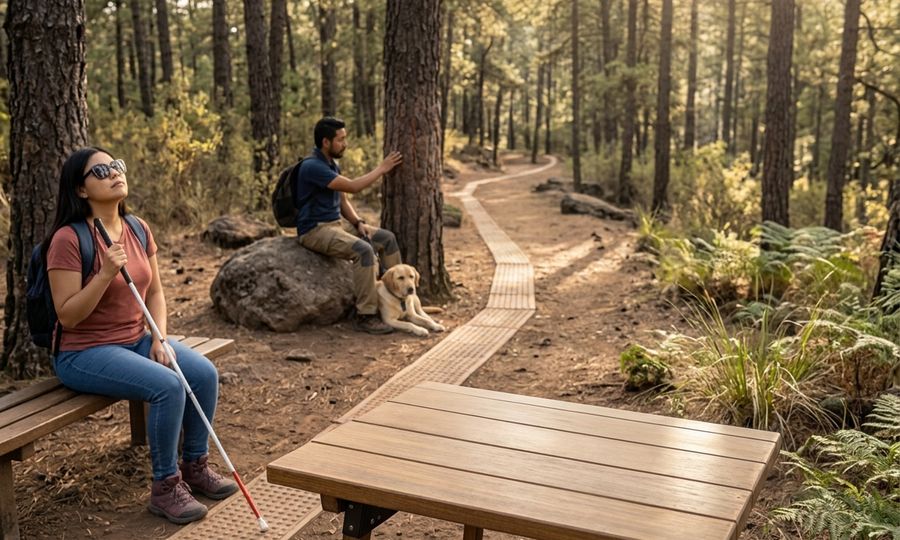 En un bosque de pinos, una mujer con lentes oscuros y bastón blanco descansa sentada en una banca, con el rostro hacia la luz. Al fondo, un hombre apoya la mano en un tronco junto a un perro dorado. Un camino con piso táctil y una mesa de madera recorren el lugar.