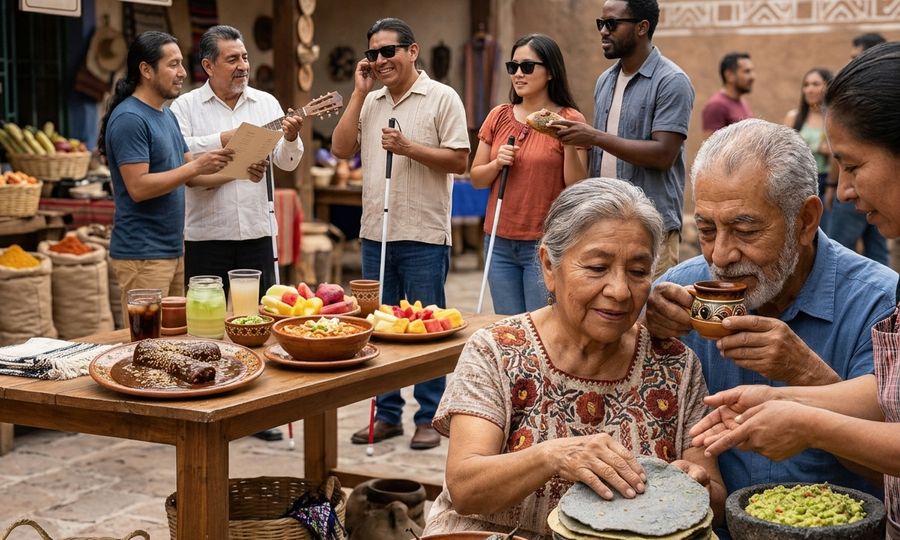 Mercado al aire libre: varias personas con lentes oscuros y bastones blancos conversan y escuchan a un músico con guitarra. En primer plano, una señora mayor toca una pila de tortillas azules y amarillas y un señor bebe de una taza de barro. Sobre la mesa hay mole, frutas, bebidas, chiles asados y un molcajete con guacamole.
